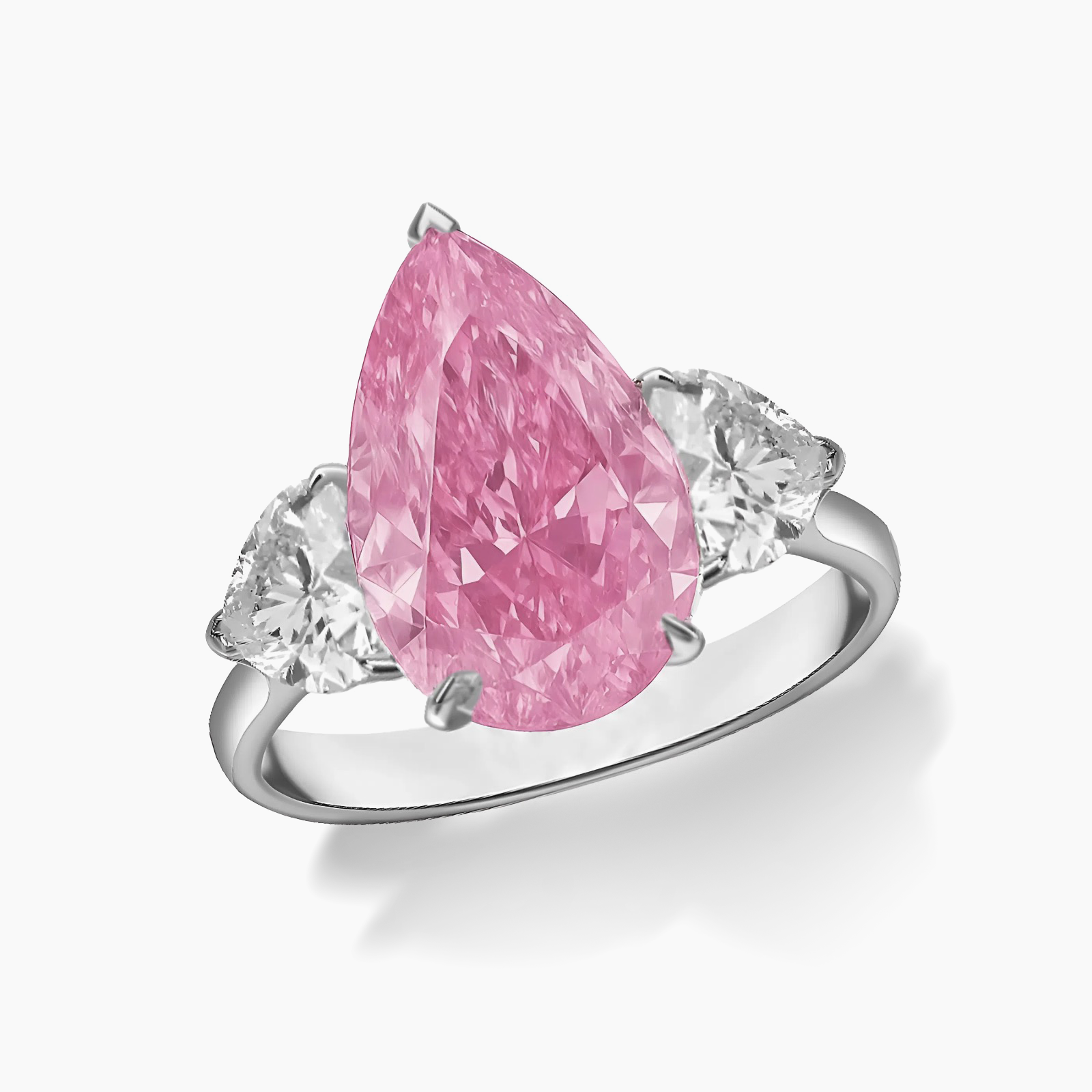 Fancy Vivid Pink Pear Three Stone Diamond Engagement Ring